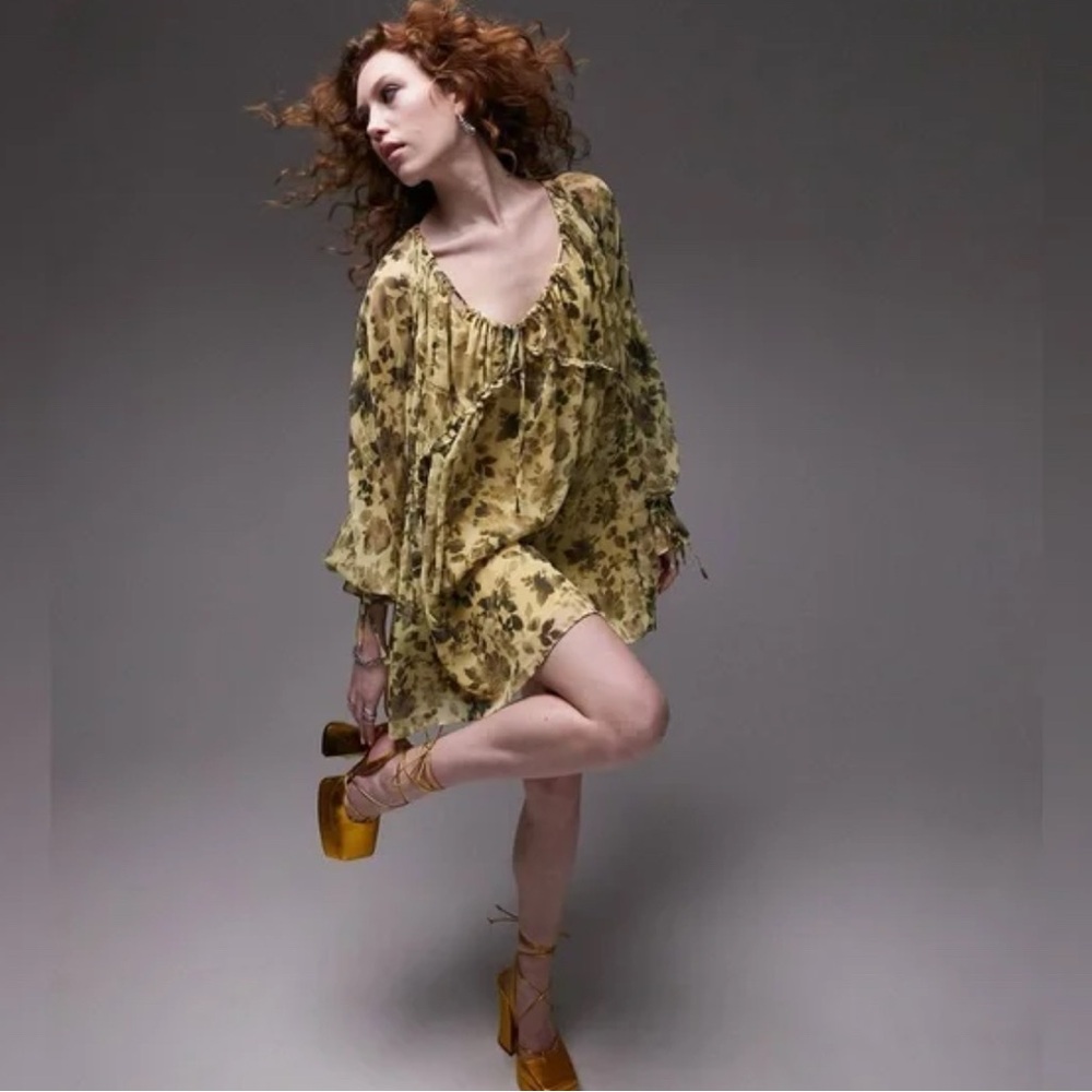 Topshop Yellow and Black Floral  Dress Size 2 NWOT
